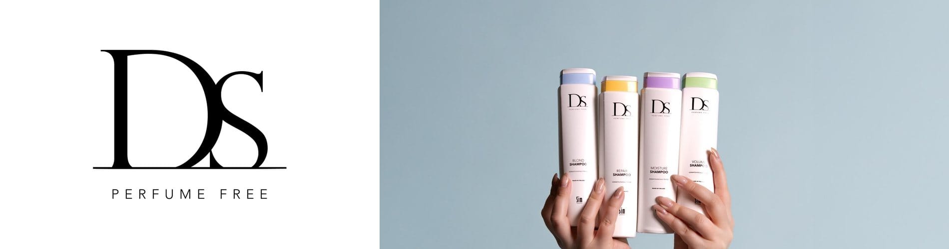 DS Perfume Free-logotyp bredvid händer som håller fyra DS-schampon