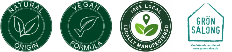 Märkningarna Natural origin, Vegan formula, 100 % local och Grön Salong