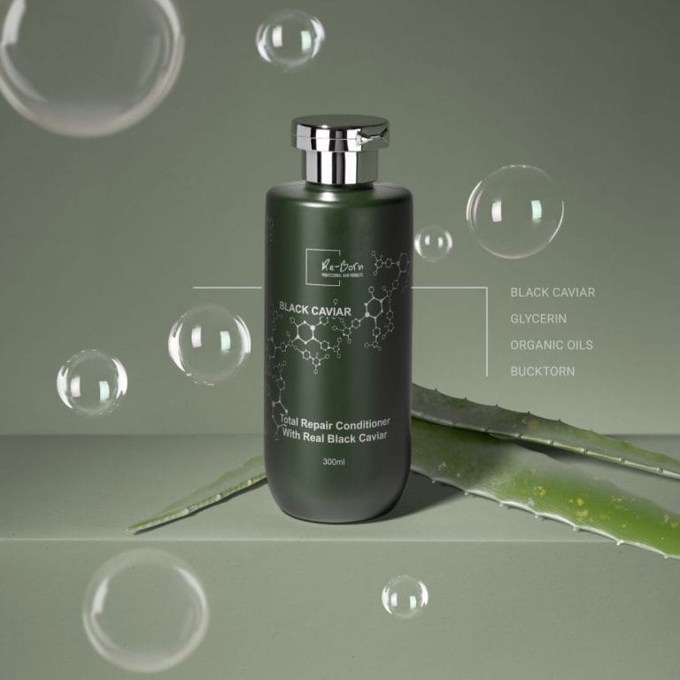 ReBorn Black Caviar Conditioner mot grön bakgrund